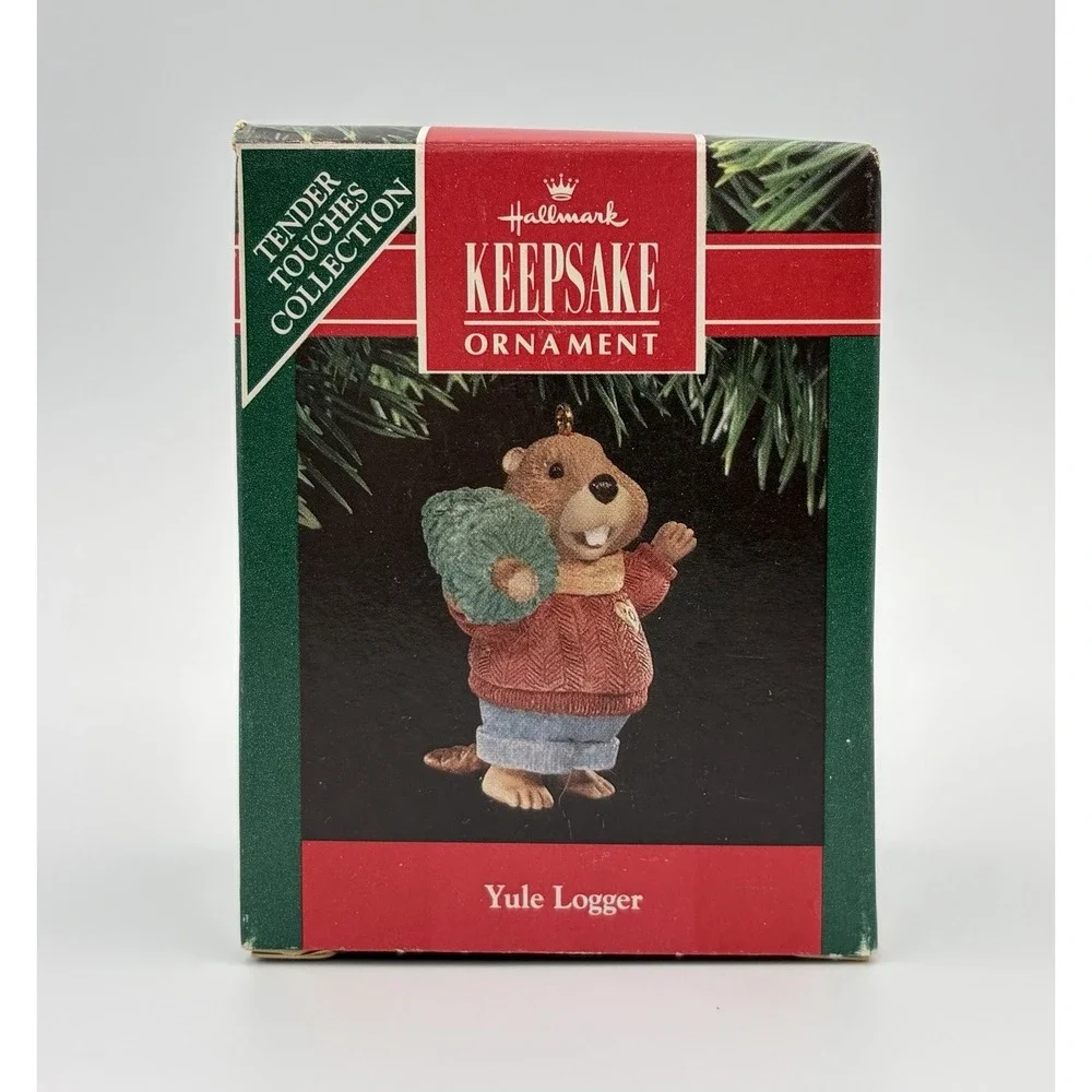 1991 Hallmark Keepsake Ornament Tender Touches Yule Logger Beaver QX496-7 VTG